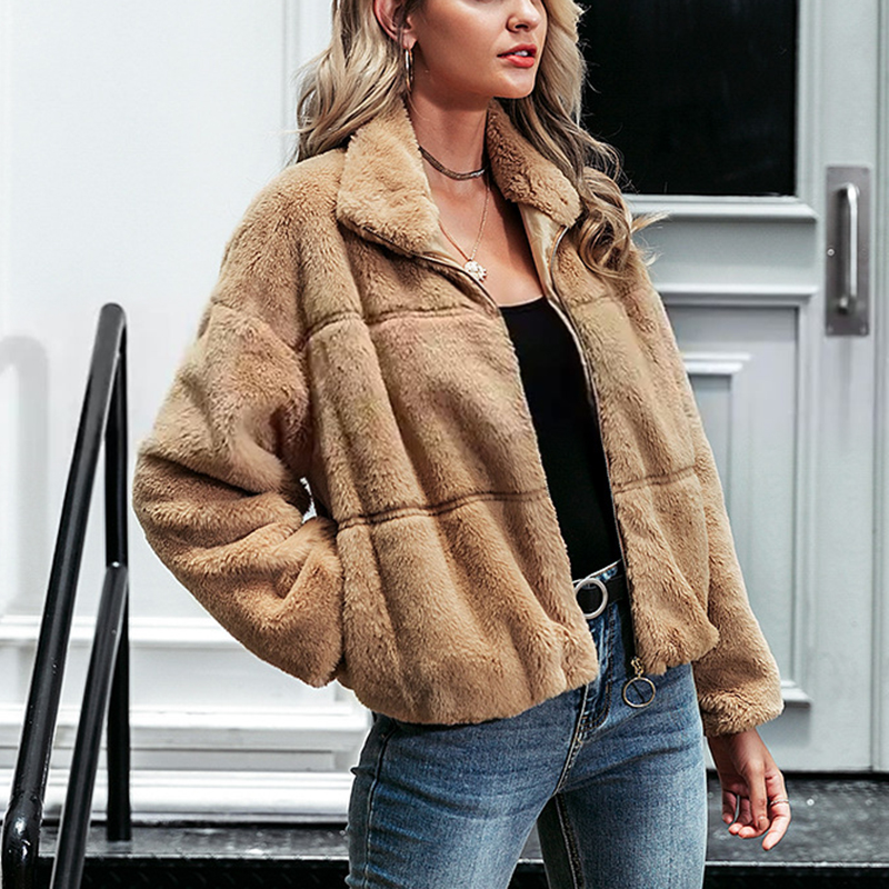 Fashion khaki thick warm zipper fur coat2